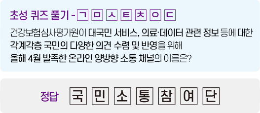 초성퀴즈 풀기 - ㄱㅁㅅㅌㅊㅇㄷ, 건강보험심사평가원이 대국민 서비스, 의료,데이터 관련 정보 등에 대한 각계각층 국민의 다양한 의견 수렴 및 반영을 위해 올해 4월 발족한 온라인 양방향 소통 채널의 이름은?, 정답 : 국민소통참여단