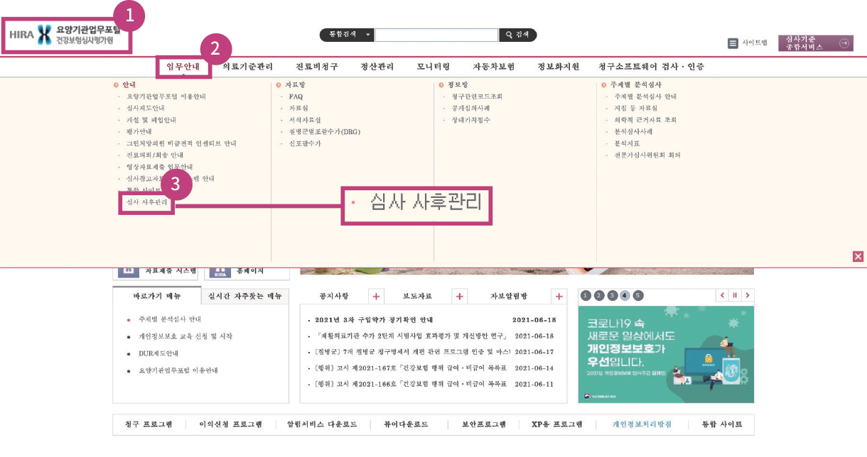 심사 사후관리 업무 안내 접속 경로 이미지